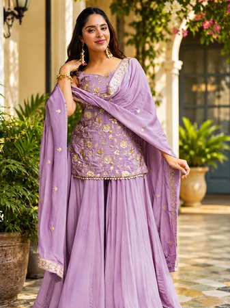 Lavender Embroidered Sharara Suit for Women with Dupatta | Festive Ethnic Wear