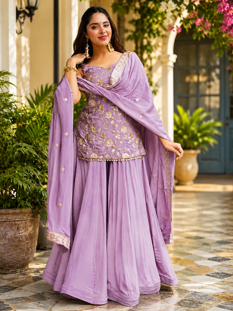 Lavender Embroidered Sharara Suit for Women with Dupatta | Festive Ethnic Wear