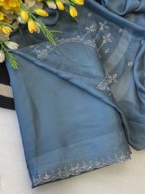 Blue zharkan stone work chiffon saree with blouse 1