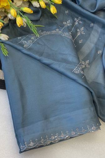 Blue zharkan stone work chiffon saree with blouse
