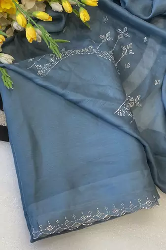 Blue zharkan stone work chiffon saree with blouse