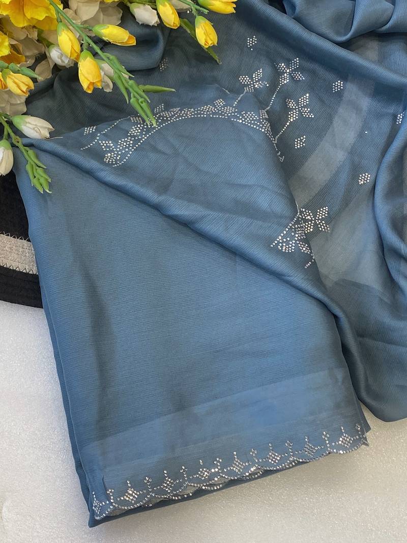 Blue zharkan stone work chiffon saree with blouse