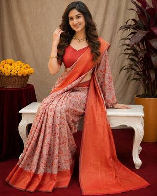 Orange Art silk blend banarasi jacuard bird motif work saree with unstitched blouse piece 4