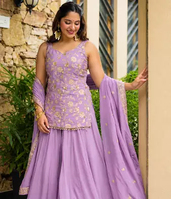 Lavender Embroidered Sharara Suit for Women with Dupatta | Festive Ethnic Wear