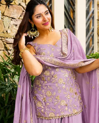 Lavender Embroidered Sharara Suit for Women with Dupatta | Festive Ethnic Wear