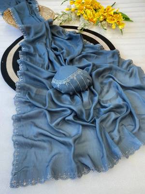 Blue zharkan stone work chiffon saree with blouse 2