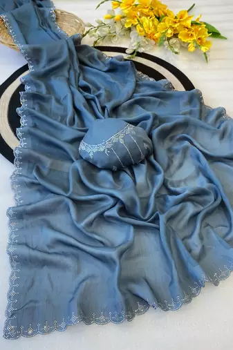 Blue zharkan stone work chiffon saree with blouse