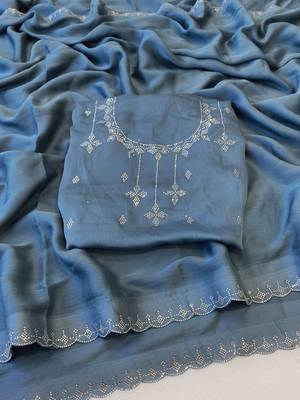 Blue zharkan stone work chiffon saree with blouse 3