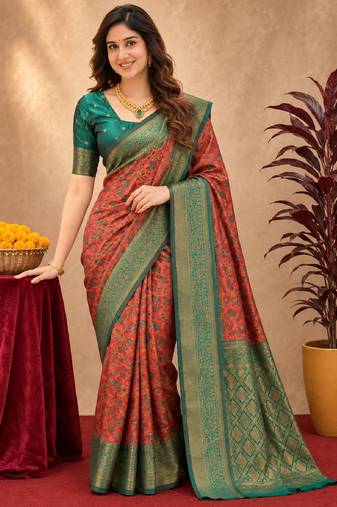 Orange green Art silk blend banarasi jacuard bird motif work saree with unstitched blouse piece