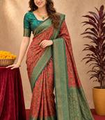 Orange green Art silk blend banarasi jacuard bird motif work saree with unstitched blouse piece