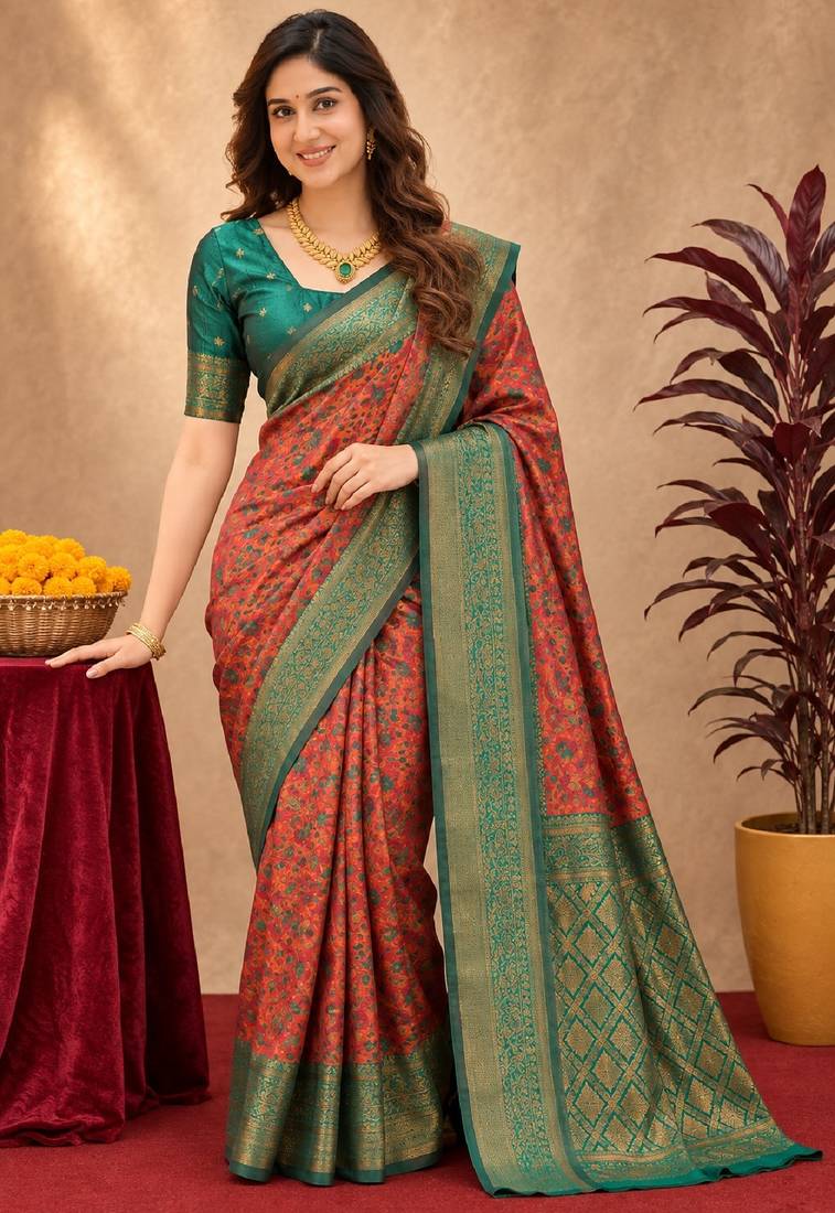 Orange green Art silk blend banarasi jacuard bird motif work saree with unstitched blouse piece