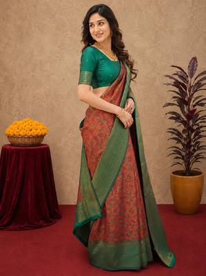 Orange green Art silk blend banarasi jacuard bird motif work saree with unstitched blouse piece 2