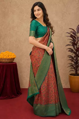 Orange green Art silk blend banarasi jacuard bird motif work saree with unstitched blouse piece