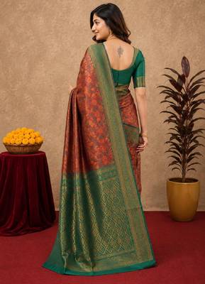 Orange green Art silk blend banarasi jacuard bird motif work saree with unstitched blouse piece 3