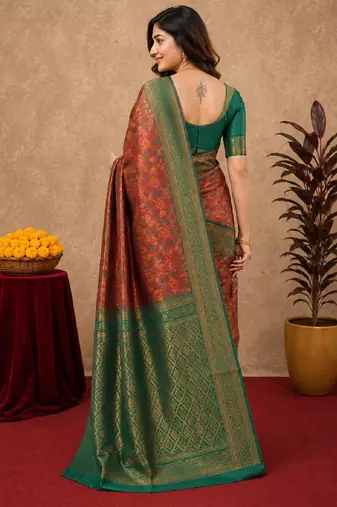 Orange green Art silk blend banarasi jacuard bird motif work saree with unstitched blouse piece