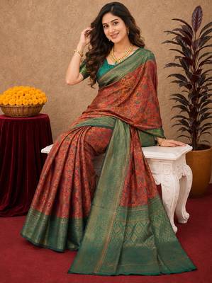 Orange green Art silk blend banarasi jacuard bird motif work saree with unstitched blouse piece 4