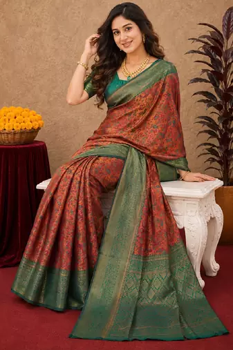 Orange green Art silk blend banarasi jacuard bird motif work saree with unstitched blouse piece