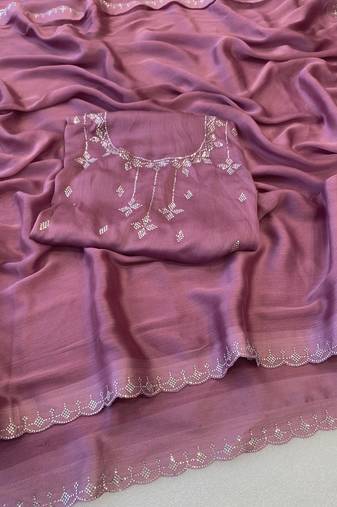 Oninon zharkan stone work chiffon saree with blouse