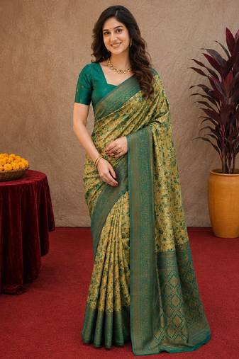 Parrot green Art silk blend banarasi jacuard bird motif work saree with unstitched blouse piece