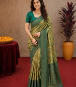 Parrot green Art silk blend banarasi jacuard bird motif work saree with unstitched blouse piece