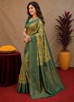 Parrot green Art silk blend banarasi jacuard bird motif work saree with unstitched blouse piece 2