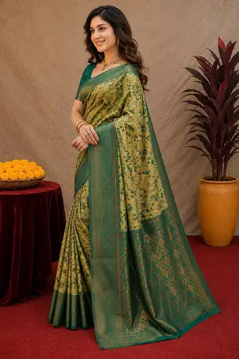 Parrot green Art silk blend banarasi jacuard bird motif work saree with unstitched blouse piece