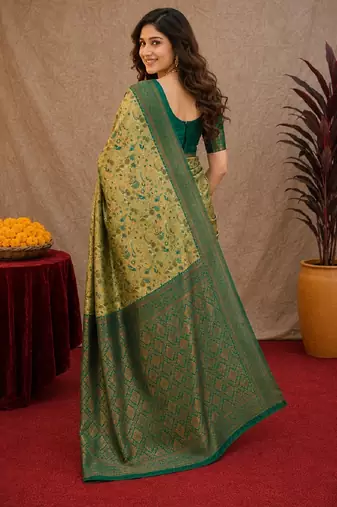 Parrot green Art silk blend banarasi jacuard bird motif work saree with unstitched blouse piece