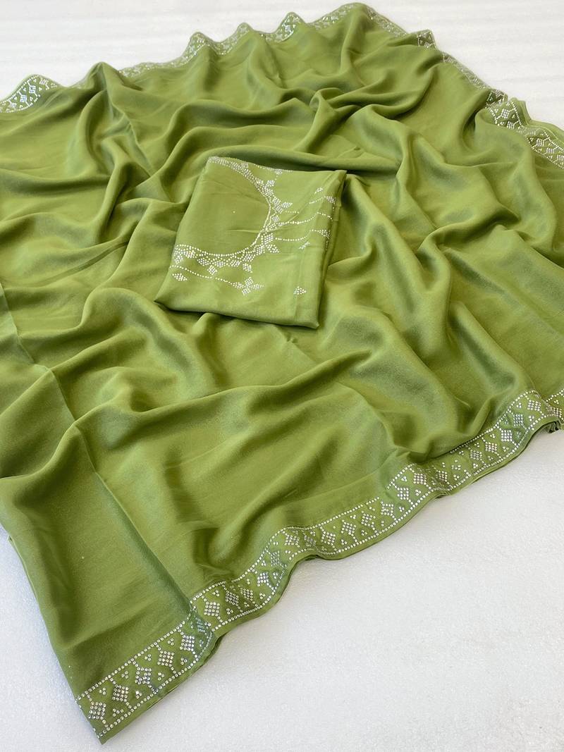 Mehndi zharkan stone work star georgette saree with blouse
