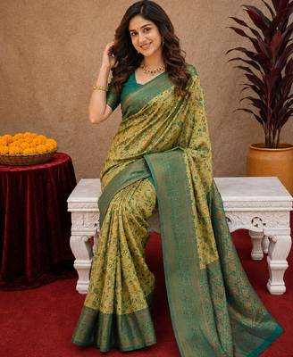 Parrot green Art silk blend banarasi jacuard bird motif work saree with unstitched blouse piece 4