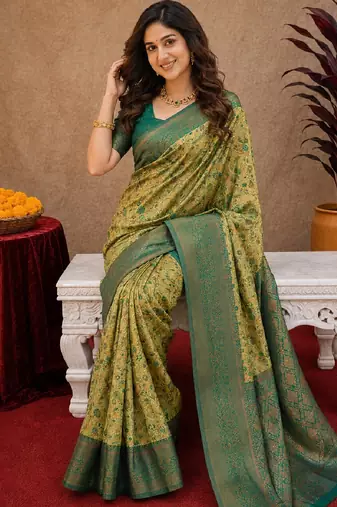Parrot green Art silk blend banarasi jacuard bird motif work saree with unstitched blouse piece