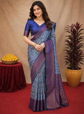 Turquoise Art silk blend banarasi jacuard bird motif work saree with unstitched blouse piece 1