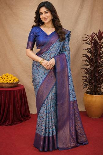 Turquoise Art silk blend banarasi jacuard bird motif work saree with unstitched blouse piece