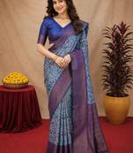 Turquoise Art silk blend banarasi jacuard bird motif work saree with unstitched blouse piece
