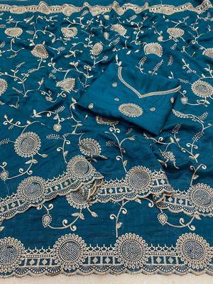 Blue zari embroidery work vichitra silk blend saree with blouse 1