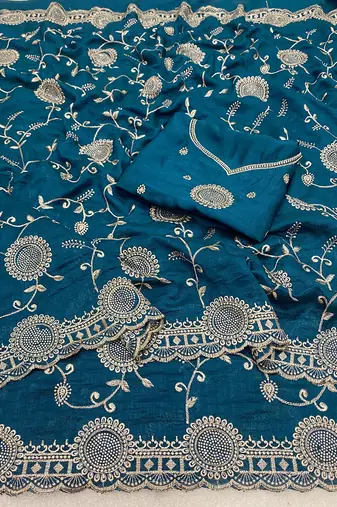 Blue zari embroidery work vichitra silk blend saree with blouse