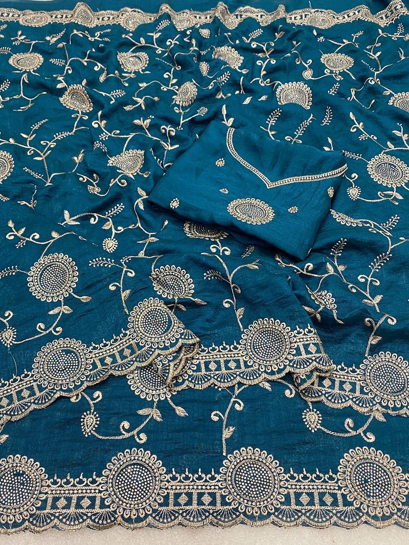 Blue zari embroidery work vichitra silk blend saree with blouse