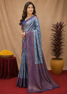 Turquoise Art silk blend banarasi jacuard bird motif work saree with unstitched blouse piece 2