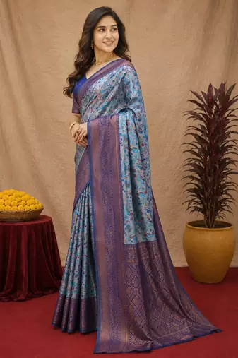 Turquoise Art silk blend banarasi jacuard bird motif work saree with unstitched blouse piece