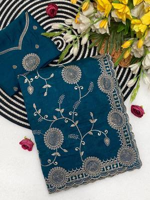 Blue zari embroidery work vichitra silk blend saree with blouse 2