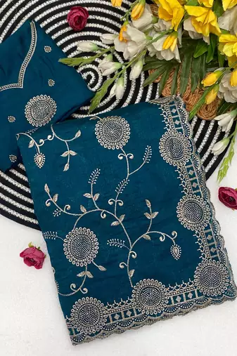 Blue zari embroidery work vichitra silk blend saree with blouse