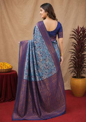 Turquoise Art silk blend banarasi jacuard bird motif work saree with unstitched blouse piece 3