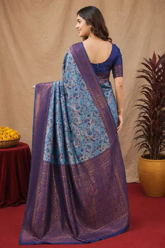 Turquoise Art silk blend banarasi jacuard bird motif work saree with unstitched blouse piece