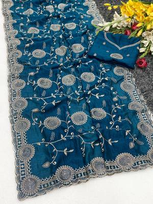 Blue zari embroidery work vichitra silk blend saree with blouse 3