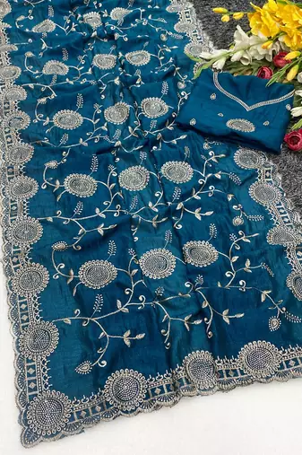 Blue zari embroidery work vichitra silk blend saree with blouse