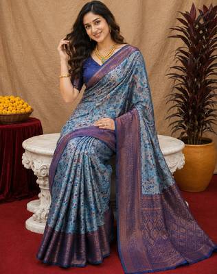 Turquoise Art silk blend banarasi jacuard bird motif work saree with unstitched blouse piece 4