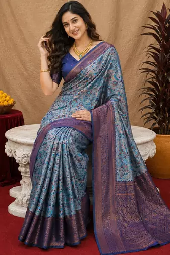Turquoise Art silk blend banarasi jacuard bird motif work saree with unstitched blouse piece