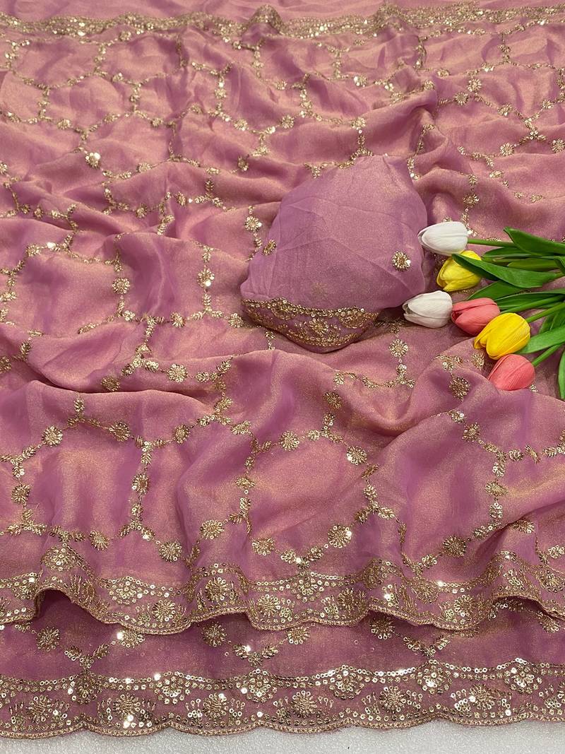 Baby pink multicolor sequece embroidery work nc moss saree with blouse