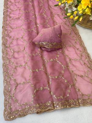 Baby pink multicolor sequece embroidery work nc moss saree with blouse 2