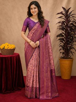 Light pink Art silk blend banarasi jacquard bird motif work saree with unstitched blouse piece 1