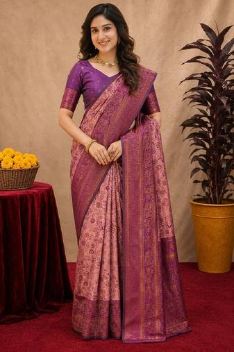 Light pink Art silk blend banarasi jacquard bird motif work saree with unstitched blouse piece